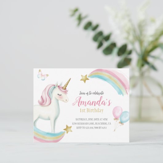 Rainbow Unicorn Birthday Girls Pastel Invitation (Debout devant)