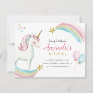 Rainbow Unicorn Birthday Girls Uitnodiging