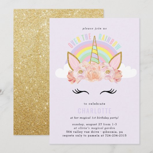 Rainbow Unicorn Birthday Invitation roze Gold Kaart (Voorkant / Achterkant)