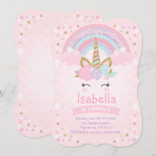 Rainbow Unicorn Birthday Invitation roze Gold Kaart