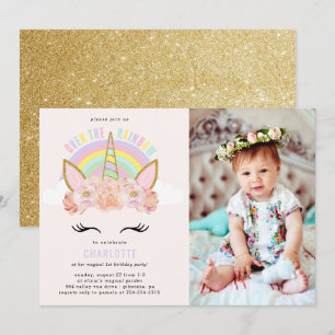 Rainbow Unicorn Birthday Invitation roze Gold Kaart