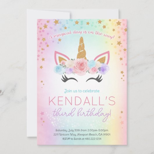 Rainbow Unicorn Birthday Party Invitation Kaart (Voorkant)