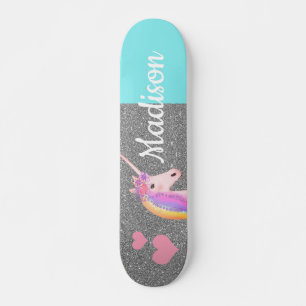 Rainbow Unicorn Blauwgroen Silver Glitter, geperso Skateboard