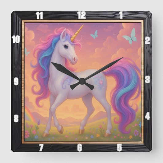 Rainbow Unicorn Butterfly Garden Vierkante Klok (Voorkant)