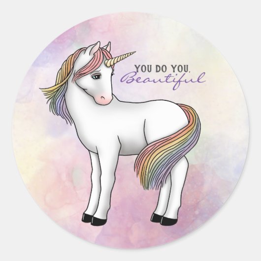 Rainbow Unicorn "Doe je, Mooi!" Ronde Sticker (Voorkant)