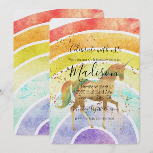 Rainbow Unicorn Dream Gold Confetti Birthday Kaart (Voorkant / Achterkant)