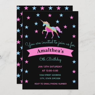 Rainbow Unicorn Et Étoiles Anniversaire Invitation