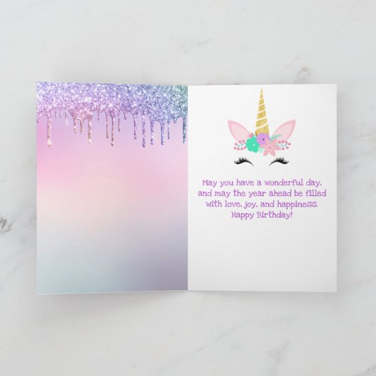 Rainbow Unicorn Face en Sweets Birthday Kaart (Binnen)