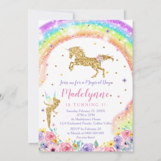 Rainbow Unicorn Fairy Birthday Invitation (Devant)