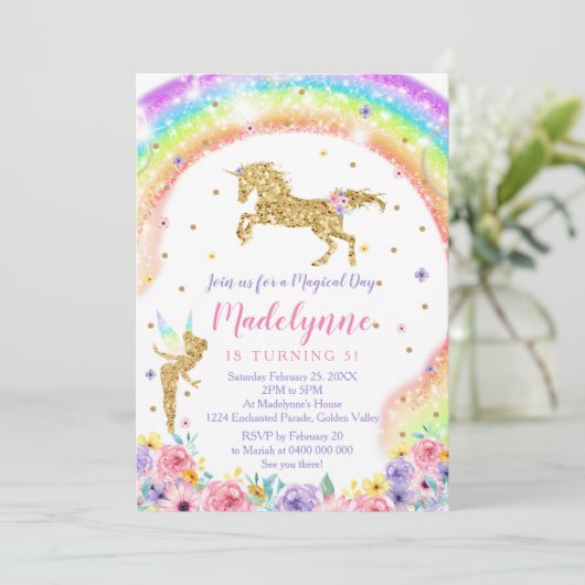 Rainbow Unicorn Fairy Birthday Invitation (Debout devant)