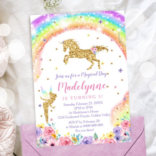Rainbow Unicorn Fairy Birthday Invitation