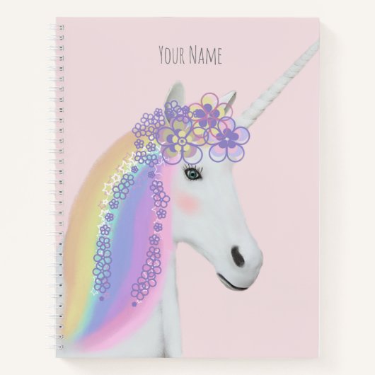 Rainbow Unicorn Floral Personal Name Notebook Notitieboek (Voorkant)