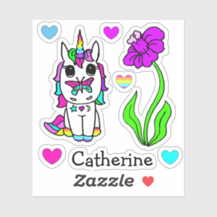 Rainbow Unicorn, Flowers en Name Sticker