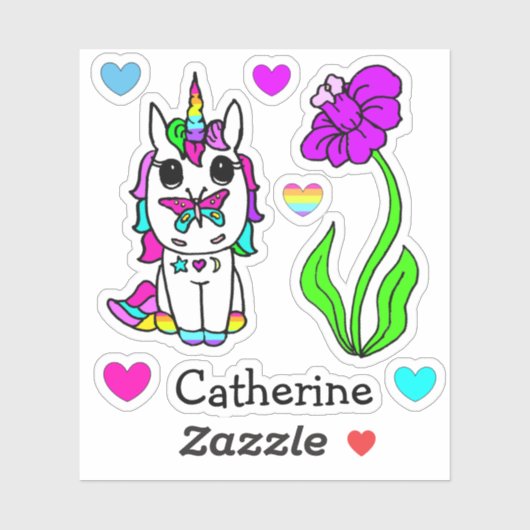 Rainbow Unicorn, Flowers en Name Sticker (Vel)