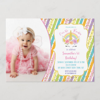 Rainbow Unicorn Foto Birthday Invitations Kaart