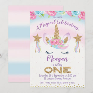 Rainbow Unicorn Glitter 1e verjaardag uitnodiging