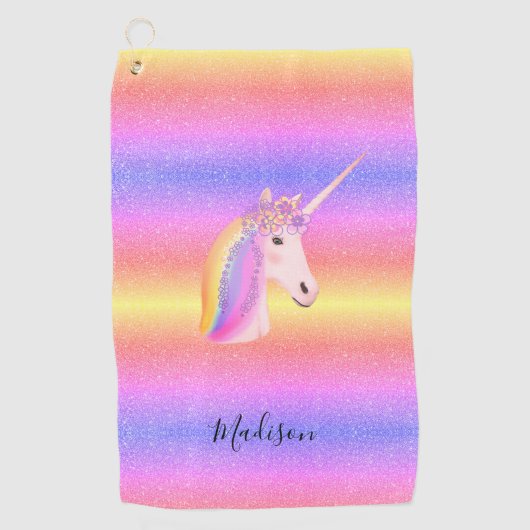 Rainbow Unicorn Glitter Sparkles Personalized Golfhanddoek (Voorkant)
