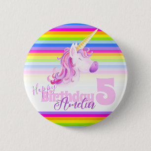 Rainbow unicorn head waterverf art age 5 knop ronde button 5,7 cm