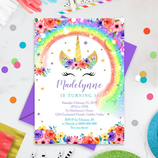 Rainbow Unicorn Invitation Anniversaire Black Lash