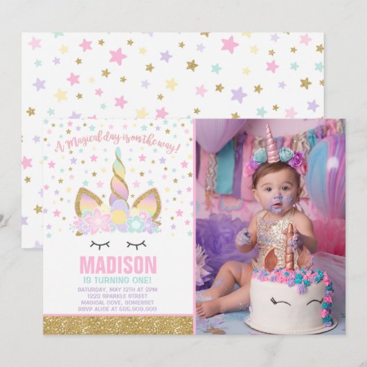 Rainbow Unicorn Invitation Anniversaire Pink Gold (Devant / Derrière)