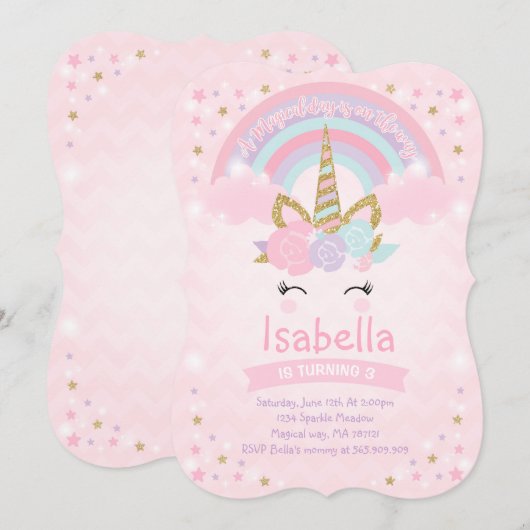 Rainbow Unicorn Invitation Anniversaire Pink Gold (Devant / Derrière)