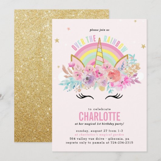 Rainbow Unicorn Invitation Anniversaire Pink Gold (Devant / Derrière)