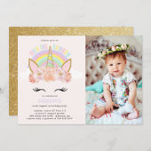 Rainbow Unicorn Invitation Anniversaire Pink Gold (Devant / Derrière)