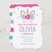 Rainbow Unicorn Invitation Anniversaire rose et or (Devant / Derrière)