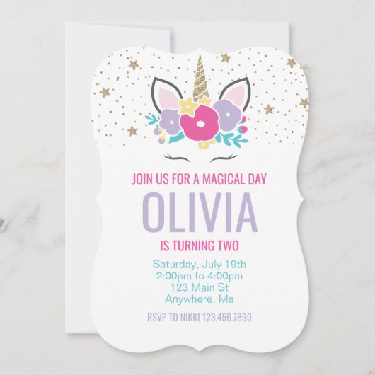 Rainbow Unicorn Invitation Anniversaire rose et or (Devant)