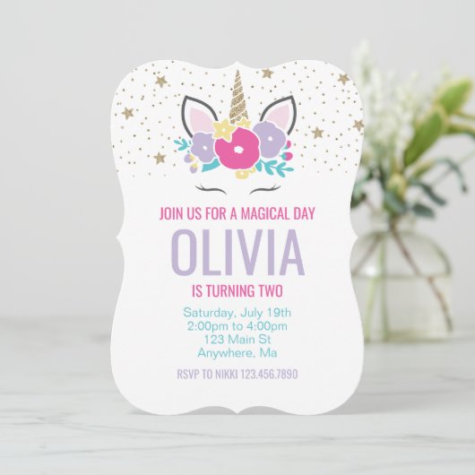 Rainbow Unicorn Invitation Anniversaire rose et or (Debout devant)
