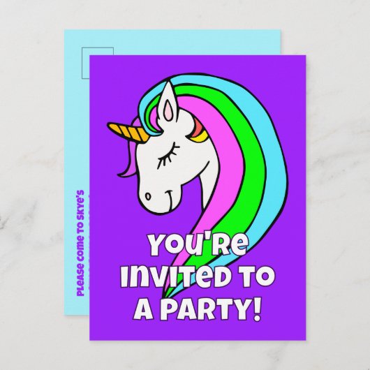 Rainbow Unicorn Invitation Briefkaart (Voorkant / Achterkant)