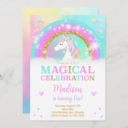 Rainbow Unicorn Invitation d'anniversaire (Devant / Derrière)