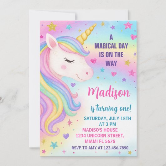 Rainbow Unicorn Invitation d'anniversaire (Devant)