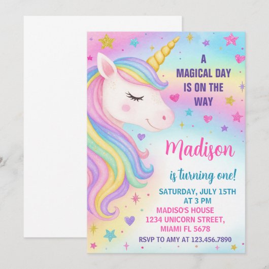 Rainbow Unicorn Invitation d'anniversaire (Devant / Derrière)