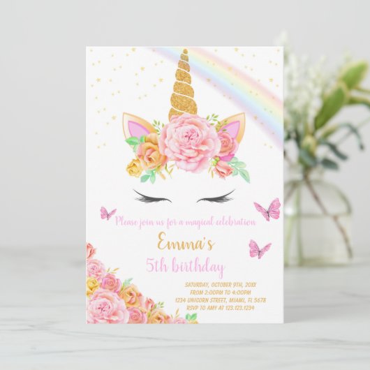 Rainbow Unicorn Invitation d'anniversaire (Debout devant)