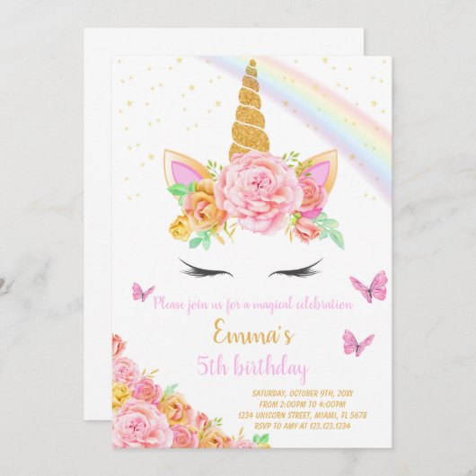 Rainbow Unicorn Invitation d'anniversaire (Devant / Derrière)