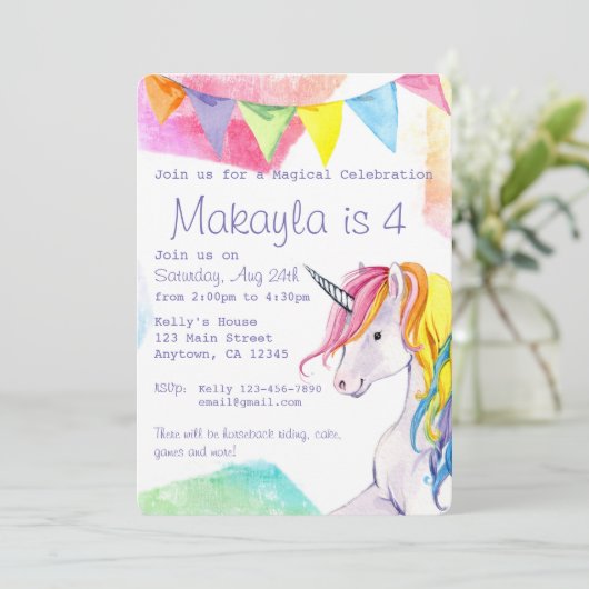 Rainbow Unicorn Invitation d'anniversaire (Debout devant)