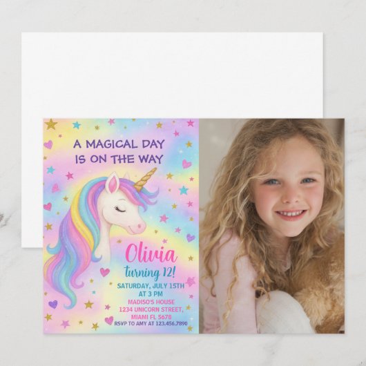 Rainbow Unicorn Invitation d'anniversaire (Devant / Derrière)