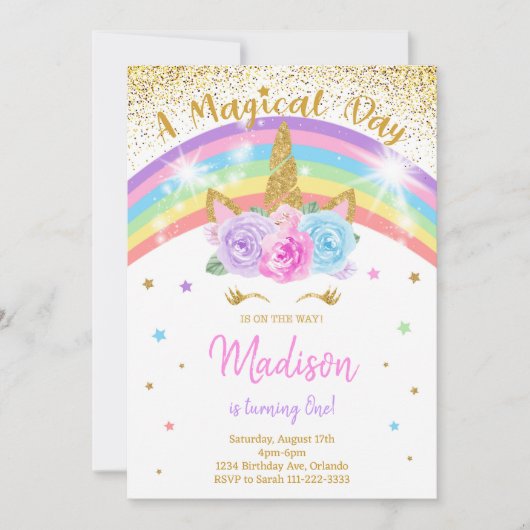 Rainbow Unicorn Invitation d'anniversaire (Devant)
