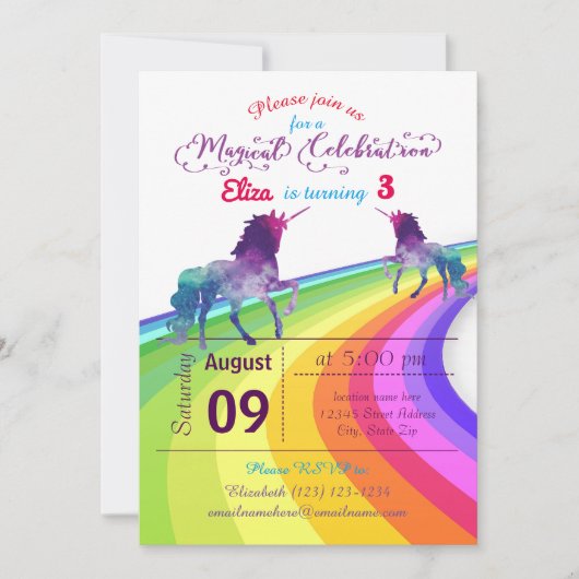 Rainbow Unicorn - Invitation d'anniversaire (Devant)