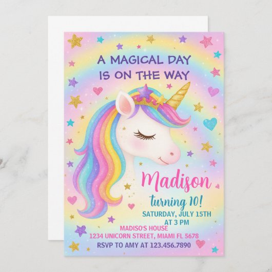 Rainbow Unicorn Invitation d'anniversaire (Devant / Derrière)