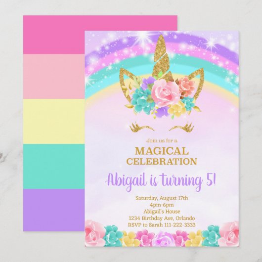 Rainbow Unicorn Invitation d'anniversaire (Devant / Derrière)