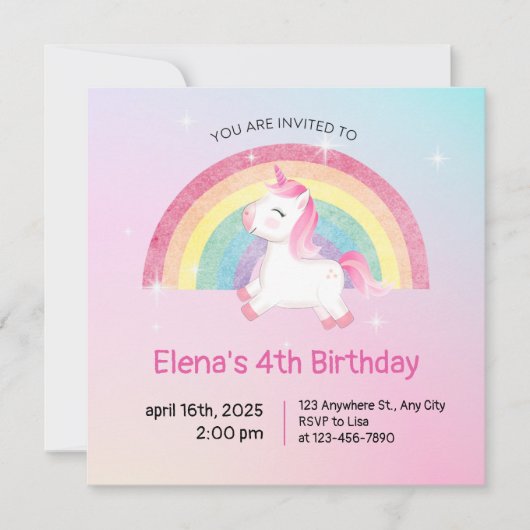 Rainbow Unicorn Invitation d'anniversaire (Devant)