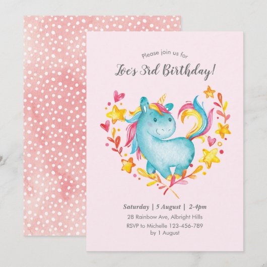 Rainbow Unicorn Invitation d'anniversaire pour enf (Devant / Derrière)