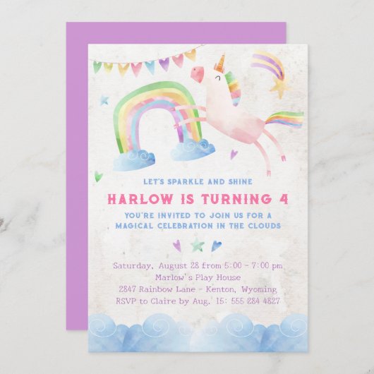 Rainbow Unicorn Invitation de fête d'anniversaire (Devant / Derrière)