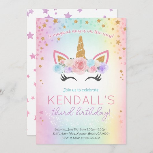 Rainbow Unicorn Invitation de fête d'anniversaire (Devant / Derrière)