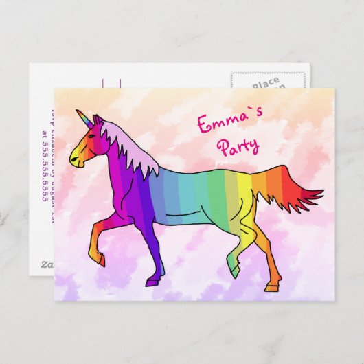 Rainbow Unicorn Invitation de fête d'anniversaire (Devant / Derrière)