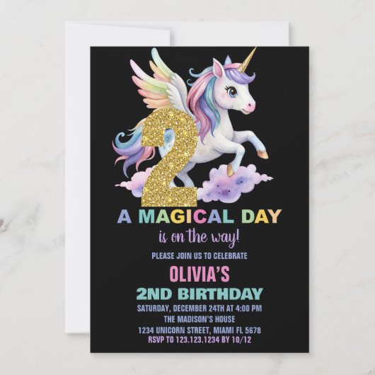 Rainbow Unicorn Invitations Anniversaire Vol (Devant)