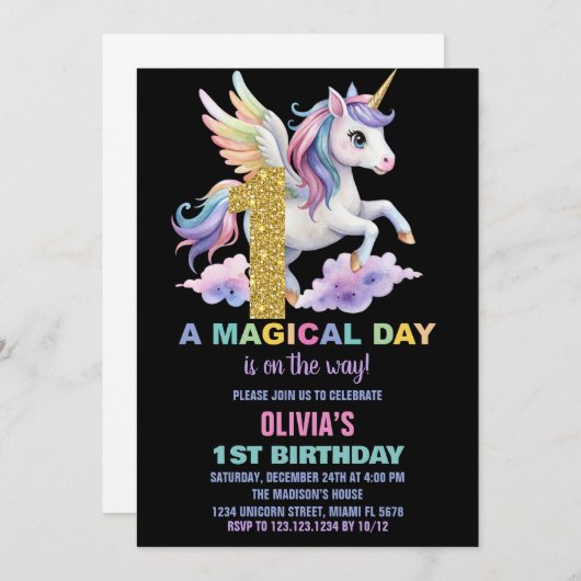 Rainbow Unicorn Invitations Anniversaire Vol (Devant / Derrière)
