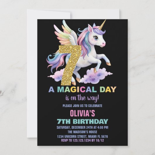 Rainbow Unicorn Invitations Anniversaire Vol (Devant)